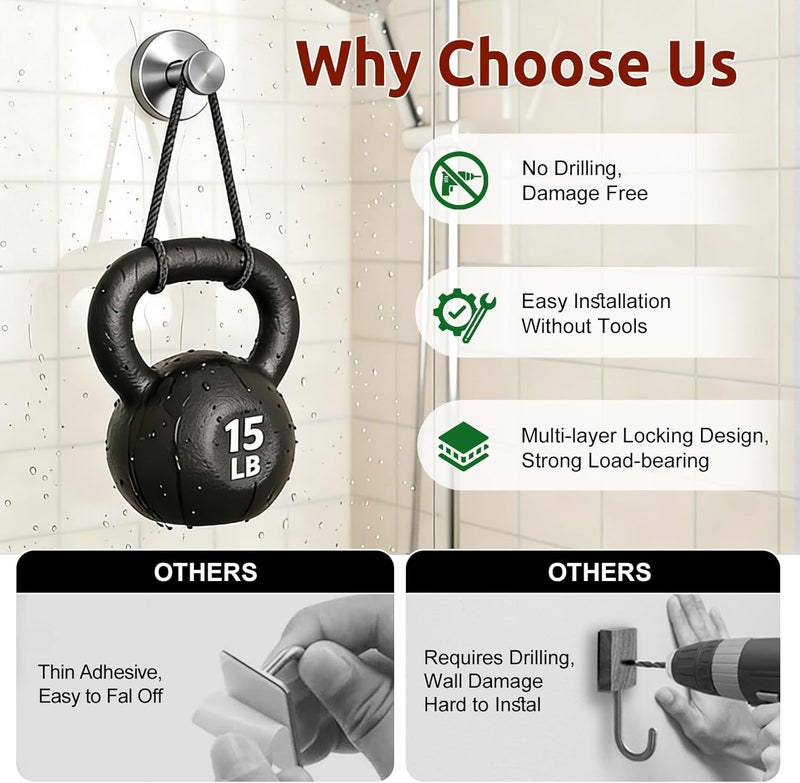 awrose 4 Packs Suction Cup Hooks for Shower, Heavy-Duty Wreath Hangers for Front Door, No Drill Glass Door Shower Suction Hooks No Damage for Walls Bathroom Kitchen Window Mirror Tile Towel Coat Robe Loofah - Image 4